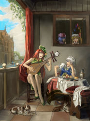 Rule 34 | 6+girls, :o, alcohol, alternate costume, amibazh, apple, arm up, bat wings, beret, biwa lute, blonde hair, blue dress, blue eyes, blue footwear, blue hair, blue sky, boat, bottle, bow, cat, chair, cirno, cloud, commentary, cup, curtains, daiyousei, day, dog, dress, drinking glass, embodiment of scarlet devil, artistic error, fine art parody, finger to mouth, flandre scarlet, food, fountain, fruit, full body, grapes, green dress, green footwear, green hair, hand on own cheek, hand on own face, hat, hat bow, hong meiling, ice, ice wings, indoors, instrument, izayoi sakuya, jar, koakuma, legs, lips, long hair, looking at another, looking to the side, lute (instrument), maid, maid headdress, mob cap, multiple girls, music, no panties, open window, outstretched arms, parody, patchouli knowledge, peach, pillow, plate, playing instrument, pointing, pointing up, red eyes, red hair, remilia scarlet, river, rowing, rumia, shoes, short dress, shushing, siblings, side ponytail, silver hair, singing, sisters, sitting, sky, sleeveless, sleeveless dress, star (symbol), table, tablecloth, teeth, the lutenist, tile floor, tiles, touhou, tree, very long hair, watercraft, window, wine, wine glass, wings