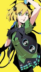 Rule 34 | 1girl, absurdres, arm up, blazpu, blonde hair, borrowed character, collared shirt, cowboy shot, eighth note, green eyes, green shirt, hair between eyes, hair ornament, highres, looking at viewer, lumena-tan, musical note, musical note hair ornament, original, shadow, shirt, short hair, short sleeves, simple background, skirt, smile, solo, yellow background, zipper pull tab