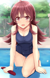 Rule 34 | 1girl, ahoge, blue one-piece swimsuit, blurry, blush, breasts, cleavage, collarbone, covered navel, depth of field, fence, hair between eyes, highres, idolmaster, idolmaster shiny colors, komiya kaho, long hair, looking at viewer, medium breasts, oga raito, one-piece swimsuit, open mouth, pool, poolside, red eyes, red hair, school swimsuit, smile, solo, swimsuit, wet