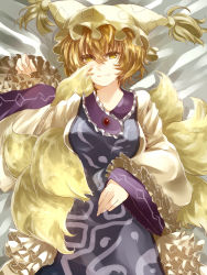 Rule 34 | 1girl, amua, bad id, bad pixiv id, blonde hair, female focus, fox tail, hat, light smile, looking at viewer, lying, multiple tails, on back, short hair, solo, tabard, tail, touhou, yakumo ran, yellow eyes