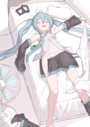 Rule 34 | 1girl, aqua hair, aqua nails, aqua necktie, bare shoulders, black skirt, black sleeves, black thighhighs, blanket, closed mouth, detached sleeves, electric fan, feet out of frame, furrowed brow, grey shirt, groin, hair ornament, unworn hair ornament, hatsune miku, highres, holding, holding blanket, hot, indoors, light blush, long hair, lying, midriff, miniskirt, navel, necktie, okome (okome 0627ha), on back, on bed, open clothes, open mouth, open shirt, open skirt, panties, pillow, pleated skirt, shirt, shoulder tattoo, skirt, sleeveless, sleeveless shirt, sleeves past wrists, solo, sweat, tattoo, thighhighs, unworn thighhighs, tie clip, twintails, underwear, very long hair, vocaloid