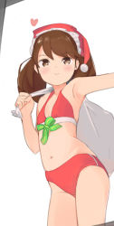 Rule 34 | 1girl, bikini, brown eyes, brown hair, christmas, co botan, cowboy shot, flat chest, from below, front-tie top, hat, heart, highres, kantai collection, long hair, navel, red bikini, ryuujou (kancolle), sack, santa hat, simple background, smile, solo, standing, swimsuit, twintails, white background