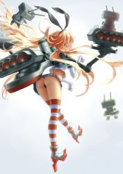 Rule 34 | 10s, 1girl, ass, black panties, blonde hair, blue skirt, colored eyelashes, elbow gloves, full body, gloves, hairband, highres, kantai collection, long hair, looking at viewer, looking back, midriff, panties, paw pose, rensouhou-chan, shimakaze (kancolle), skirt, striped clothes, striped thighhighs, thighhighs, thong, underwear, very long hair, white gloves, xsk (ruanmumu), yellow eyes