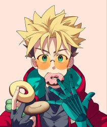 Rule 34 | 1boy, blonde hair, coat, doughnut, earrings, fingerless gloves, food, gloves, highres, jewelry, long neck, male focus, pink background, prosthesis, prosthetic arm, red coat, simple background, single earring, solo, sunglasses, trigun, trigun stampede, trimaman56, vash the stampede