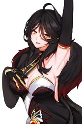 Rule 34 | 1girl, absurdres, ahoge, ara haan, arm up, armpits, black dress, black gloves, black hair, breasts, cleavage, commentary, devi (elsword), dress, elbow gloves, elsword, eyeshadow, feather boa, gloves, hand on own chest, highres, large breasts, lips, long hair, looking at viewer, makeup, orange eyes, pink lips, red eyeshadow, sidelocks, simple background, sindellnwza, smile, solo, sweat, white background