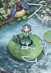 Rule 34 | 1girl, :d, backpack, bad id, bad pixiv id, bag, bird, blue hair, boots, female focus, fish, from above, hat, kawashiro nitori, lily pad, looking up, mitsuki32k, nature, nest, open mouth, outdoors, plant, randoseru, river, short hair, sitting, skirt, smile, solo, stickam, touhou, twintails, two side up, wariza
