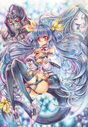 Rule 34 | 1girl, ass, bare shoulders, blue hair, closed eyes, crop top, dizzy (guilty gear), guilty gear, guilty gear xrd, highres, long hair, monster girl, necro (guilty gear), red eyes, ribbon, tail, tail ornament, tail ribbon, thighhighs, thighs, traditional media, twintails, undine (guilty gear), very long hair, yuki (yyy tgzc)
