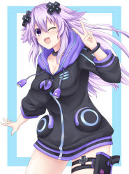 Rule 34 | 1girl, adult neptune, blush, bracelet, breasts, choker, cleavage, d-pad, d-pad hair ornament, hair between eyes, hair ornament, highres, hood, hooded jacket, jacket, jewelry, long hair, looking at viewer, medium breasts, neptune (series), one eye closed, open mouth, purple eyes, purple hair, seshiro (which501), shin jigen game neptune vii, smile, solo, thigh strap, usb, v, very long hair