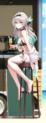 Rule 34 | 1girl, absurdres, alternate costume, bare legs, bare shoulders, barefoot, bikini, bikini top only, black bikini, black choker, black headband, blue sky, breasts, choker, cleavage, cup, firefly (honkai: star rail), from side, grey hair, hair between eyes, headband, highres, holding, holding cup, honkai: star rail, honkai (series), long hair, looking at viewer, medium breasts, on chair, shirt, sitting, sky, smile, solo, swimsuit, thigh strap, tropical drink, two-tone eyes, white shirt, yarn (yarn 03)