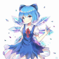 Rule 34 | 1girl, absurdres, blue dress, blue eyes, blue hair, cirno, crystal, dl lizijiang, dress, fairy, fairy wings, highres, holding, looking at viewer, puffy short sleeves, puffy sleeves, short hair, short sleeves, simple background, smile, touhou, white background, wings
