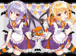 Rule 34 | 2girls, alternate costume, apron, bat (animal), bat wings, beni kurage, black cat, blonde hair, blue hair, blush, border, candy, cat, commentary, dress, english text, enmaided, fang, fang out, feet out of frame, finger to mouth, flandre scarlet, food, ghost, grey background, hair between eyes, halloween, hand on own thigh, highres, holding, holding plate, jack-o&#039;-lantern, lace, lace border, layered skirt, leaning forward, looking at viewer, maid, maid apron, maid headdress, multiple girls, neck ribbon, one side up, orange neckwear, ornate border, parted lips, plate, pointy ears, purple dress, red eyes, remilia scarlet, ribbon, short hair, siblings, sisters, skirt, standing, streamers, striped background, striped clothes, striped legwear, striped thighhighs, thighhighs, touhou, wings