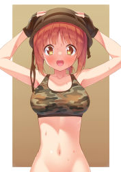 Rule 34 | 1girl, :d, arms up, bare arms, bare shoulders, black gloves, blush, bottomless, bra, breasts, brown eyes, brown hair, camouflage, camouflage bra, collarbone, commentary, fingerless gloves, girls und panzer, gloves, groin, highres, kazuma (kazumav), looking at viewer, medium breasts, navel, nishizumi miho, open mouth, out-of-frame censoring, short hair, simple background, smile, solo, sports bra, stomach, sweat, underwear, underwear only, upper body