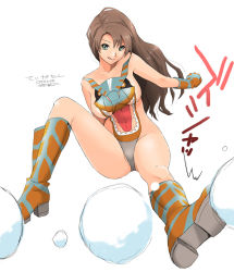 Rule 34 | 1girl, :q, boots, breasts, brown hair, capcom, gloves, green eyes, large breasts, long hair, monster hunter (series), ryouzou, signature, simple background, snowball, solo, tigrex, tongue, tongue out
