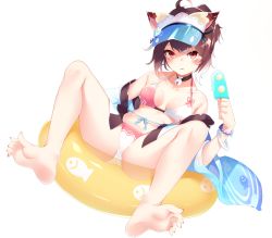 Rule 34 | 1girl, absurdres, animal ears, ass, barefoot, bell, bikini, blush, breasts, brown hair, choker, feet, food, highres, ichihime, innertube, looking at viewer, lying, mahjong soul, medium breasts, multicolored hair, nail polish, neck bell, off shoulder, on back, otokuyou, parted lips, popsicle, red eyes, red nails, simple background, soles, solo, spread legs, swim ring, swimsuit, toenail polish, toenails, toes, visor cap, white background, white hair