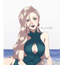 Rule 34 | 1girl, arm support, bare shoulders, beach, bikini, blonde hair, blue bikini, blurry, border, breasts, casual one-piece swimsuit, cleavage, collarbone, commentary, criss-cross halter, day, depth of field, earrings, eyeshadow, gluteal fold, green eyes, grin, haiba arisa, haikyuu!!, hair between eyes, halterneck, highres, jewelry, large breasts, leaning to the side, long hair, looking at viewer, makeup, ocean, one-piece swimsuit, outdoors, pink eyeshadow, purple lips, rouge (makeup), smile, solo, swimsuit, symbol-only commentary, teeth, thighs, twitter username, upper body, water, y nina95