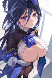 Rule 34 | 1girl, black corset, black hair, blue hair, blue hat, blush, breasts, cape, cleavage, clorinde (genshin impact), corset, feathers, genshin impact, gloves, hat, hat feather, large breasts, long hair, looking at viewer, purple eyes, solo, tomas (kaosu22), tricorne, uniform, variations, white background, white gloves