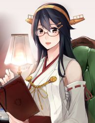 Rule 34 | 10s, 1girl, bare shoulders, black hair, book, brown eyes, camel000, chair, cup, desk lamp, detached sleeves, glasses, hair between eyes, hair ornament, hairband, hairclip, haruna (kancolle), headgear, japanese clothes, kantai collection, lamp, long hair, looking at viewer, nontraditional miko, ribbon-trimmed sleeves, ribbon trim, round teeth, sarashi, smile, solo, swept bangs, teacup, teeth, upper body