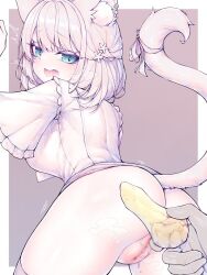 Rule 34 | 1boy, 1girl, animal ears, ass, blue eyes, blur censor, breasts, brown background, cat ears, cat girl, cat tail, censored, cleft of venus, fang, from behind, gradient background, highres, indie virtual youtuber, kupa (jesterwii), medium breasts, mitsuki momo, open mouth, pussy, short hair, skin fang, solo focus, tail, two-tone background, virtual youtuber, white background