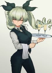 Rule 34 | 10s, 1girl, anchovy (girls und panzer), black ribbon, brown eyes, champagne flute, closed mouth, cup, drill hair, drinking glass, formal, girls und panzer, glass, green hair, hair ribbon, high-waist pants, long hair, looking to the side, mityubi, pants, ribbon, simple background, smile, solo, standing, suit, twin drills, twintails