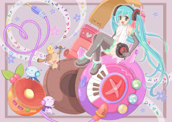 Rule 34 | aqua hair, azukimonaka, boots, elbow gloves, gloves, green eyes, hatsune miku, hatsune miku (append), headphones, headset, highres, long hair, mascot, musical note, necktie, piano keys, sitting, solo, thigh boots, thighhighs, twintails, very long hair, vocaloid, vocaloid append