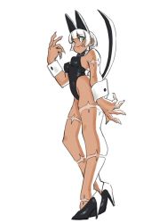 Rule 34 | 1girl, animal ears, breasts, cat girl, claws, cleavage, fake animal ears, high heels, long hair, ms. fortune (skullgirls), playboy bunny, rabbit ears, scar, short hair, skullgirls, thighs, toshinoshin, white background, white hair, wide hips, wrist cuffs