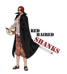 Rule 34 | 1boy, amputee, character name, facial hair, full body, highres, jacket, jacket on shoulders, looking at viewer, male focus, muscular, one piece, open collar, red hair, saber (weapon), sandals, scar, shanks (one piece), sheath, sheathed, shirt, simple background, solo, standing, sword, weapon, white background, white shirt