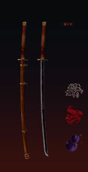 Rule 34 | absurdres, bad id, bad pixiv id, concept art, dark background, dragon print, floral print, gourd, highres, katana, lfacras, no humans, scabbard, sheath, sheathed, simple background, sword, touhou, unsheathed, weapon