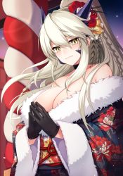 Rule 34 | 1girl, artoria pendragon (fate), artoria pendragon (lancer alter) (fate), bare shoulders, breasts, choker, commentary request, commission, fate/grand order, fate (series), floral print, flower, fur trim, gloves, grey hair, hair between eyes, hair flower, hair ornament, highres, japanese clothes, kimono, kinsenka momi, large breasts, looking at viewer, ponytail, skeb commission, solo, yellow eyes