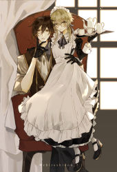 Rule 34 | 1boy, 1girl, absurdres, alternate costume, apron, armchair, black gloves, black hair, blonde hair, blush, breasts, brown hair, chair, chirashidon f, collared shirt, cup, curtains, earrings, enmaided, eyeliner, formal, frilled apron, frilled sleeves, frills, genshin impact, gloves, gradient hair, hair between eyes, hand on another&#039;s waist, hand on own chin, high heels, highres, holding, holding tray, jewelry, long hair, long sleeves, looking at viewer, lumine (genshin impact), maid, maid apron, maid headdress, makeup, multicolored hair, necktie, open mouth, puffy sleeves, ribbon, ring, saucer, shirt, short hair with long locks, single earring, skirt, sleeve cuffs, sleeves rolled up, socks, suit, tassel, tassel earrings, teacup, teapot, tray, vest, victorian maid, white legwear, window, yellow eyes, zhongli (genshin impact)