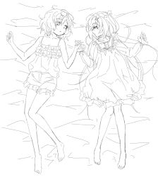 Rule 34 | 2girls, ahoge, alternate costume, bare arms, barefoot, bed sheet, blush, bow, eyes visible through hair, frilled nightgown, frilled shirt, frilled shorts, frilled sleeves, frills, full body, greyscale, holding hands, irina kushu, knees together feet apart, light blush, long hair, long sleeves, looking at another, lying, magia record: mahou shoujo madoka magica gaiden, mahou shoujo madoka magica, messy hair, miwa mitsune, monochrome, multiple girls, nightgown, on back, pajamas, shirt, short hair, shorts, sketch, spaghetti strap, swept bangs, twintails, you2, yuri