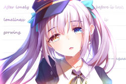 Rule 34 | 1girl, amaroku neko, blue eyes, blue hat, chinese commentary, collared shirt, commentary request, english text, engrish text, hat, heterochromia, highres, kagura gumi, kagura mea, long hair, looking at viewer, neck ribbon, pink hair, portrait, ranguage, ribbon, shirt, sidelocks, smile, solo, tearing up, tears, typo, virtual youtuber, white shirt, yellow eyes