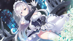 Rule 34 | 1girl, apron, azur lane, belfast (azur lane), blurry, blush, bokeh, braid, breasts, buttons, chain, cleavage, closed mouth, commentary request, corset, crossed legs, depth of field, dress, dutch angle, eyelashes, falling petals, floating hair, flower, french braid, frilled apron, frilled dress, frills, garter straps, gauntlets, gloves, holding, holding weapon, indoors, large breasts, lily (flower), long hair, looking at viewer, machinery, maid, maid apron, maid headdress, night, petals, purple eyes, silver hair, smile, solo, standing, swept bangs, takehana note, thighhighs, turret, very long hair, watson cross, weapon, white apron, white flower, white gloves, white thighhighs, wind, wind lift, window, zettai ryouiki