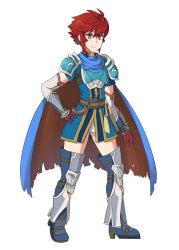 Rule 34 | 1girl, armor, blue eyes, blue hair, cape, cosplay, fire emblem, fire emblem: the binding blade, fire emblem fates, fire emblem heroes, full body, gloves, highres, hinoka (fire emblem), looking at viewer, nintendo, red eyes, red hair, roy (fire emblem), roy (fire emblem) (cosplay), sarukaiwolf, short hair, simple background, smile, solo, white background