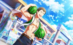 Rule 34 | 1boy, abs, belt, blue sky, brown hair, closed eyes, fingernails, food, fruit, highres, holding, holding food, holding fruit, idolmaster, idolmaster side-m, idolmaster side-m live on stage!, male focus, muscular, muscular male, navel, official art, open mouth, shingen seiji, sky, teeth, topless male, umbrella, upper teeth only, watermelon