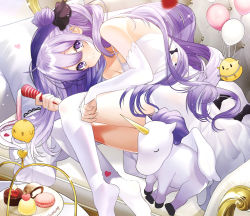 Rule 34 | 1girl, ahoge, azur lane, balloon, bird, black bow, bow, bridal gauntlets, chick, clothing cutout, couch, dress, dress bow, elbow gloves, food, full body, gloves, hair bun, long hair, looking at viewer, lying, macaron, manjuu (azur lane), on couch, on side, one side up, party popper, pastry, pomu (pomu me), purple eyes, purple hair, side cutout, single hair bun, smile, solo, thighhighs, unicorn, unicorn (azur lane), white dress, white gloves, white thighhighs