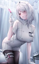 Rule 34 | 1girl, :o, all fours, bar censor, black pantyhose, blush, breasts, buttons, ceiling light, censored, curtains, dress, eyes visible through hair, gloves, grey hair, hair over one eye, hand up, hat, highres, holding, holding syringe, holster, id card, infirmary, large breasts, lenne (oyuwari), looking at viewer, medium hair, nurse, nurse cap, open mouth, original, oyuwari, pantyhose, red eyes, short dress, solo, syringe, thigh holster, uniform, white dress, white gloves, white hair