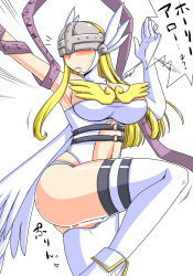 Rule 34 | 1girl, angel, angewomon, bach, blonde hair, breasts, censored, covered eyes, digimon, digimon adventure, female focus, helmet, large breasts, legs, monster girl, solo, thick thighs, thighs, wardrobe malfunction, wings