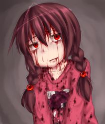 Rule 34 | 1girl, aosora (mizore), bad id, bad pixiv id, blood, blood on clothes, blood on face, brown hair, madotsuki, messy hair, pink shirt, red eyes, shirt, solo, tears, torn clothes, twintails, yume nikki