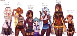 Rule 34 | 6+girls, abs, absurdres, black hair, black hole, black legwear, blue hair, breasts, bsapricot, character name, commentary, dark-skinned female, dark skin, earth-chan, english commentary, female focus, flat chest, flexing, garter straps, green hair, hair between eyes, hand on another&#039;s head, hand on own chest, highres, linea alba, long hair, looking at viewer, low twintails, m87 black hole, midriff, miniskirt, multicolored hair, multiple girls, muscular, muscular female, navel, open mouth, orange eyes, orange hair, pantyhose, personification, pointy ears, ponytail, school uniform, serafuku, short shorts, shorts, skirt, smile, thighhighs, twintails, v, very long hair