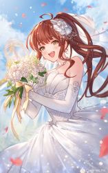Rule 34 | 1girl, ahoge, bare shoulders, bell, bouquet, choker, cloud, company name, copyright notice, day, diantha (granblue fantasy), dress, earrings, elbow gloves, flower, gloves, granblue fantasy, hair ornament, holding, holding bouquet, jewelry, long hair, official art, open mouth, outdoors, petals, ponytail, red hair, side ponytail, smile, solo, strapless, strapless dress, teeth, upper body, upper teeth only, wedding dress, white dress, white gloves, yellow eyes