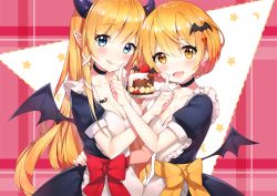 Rule 34 | 2girls, :d, :q, apron, ayamy, bat hair ornament, black choker, blonde hair, blue dress, blue eyes, blush, breasts, cake, choker, cleavage, closed mouth, collarbone, commentary, cream, cream on face, demon girl, demon horns, demon wings, dress, earrings, fang, food, food on face, hair between eyes, hair ornament, hair ribbon, head tilt, heart, holding, holding plate, hololive, horns, index finger raised, jewelry, long hair, looking at viewer, maid, maid apron, medium breasts, multiple girls, open mouth, plate, pointy ears, red ribbon, ribbon, short hair, short sleeves, sidelocks, smile, standing, star (symbol), tongue, tongue out, upper body, virtual youtuber, wings, yellow eyes, yellow ribbon, yozora mel, yuzuki choco
