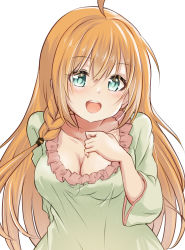 Rule 34 | 1girl, absurdres, ahoge, arm behind back, blue eyes, blush, braid, breasts, cleavage, collarbone, commentary request, green shirt, hair between eyes, hand up, highres, large breasts, long hair, long sleeves, looking at viewer, open mouth, pecorine (princess connect!), princess connect!, shirt, simple background, smile, solo, teeth, upper body, upper teeth only, very long hair, white background, yoru (user vewa8437)