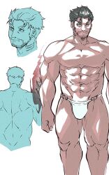 Rule 34 | 1boy, abs, aura, bara, beard stubble, bulge, comparison, dagon (housamo), dark-skinned male, dark skin, facial hair, feet out of frame, fins, fish boy, from behind, grey hair, large pectorals, loincloth, long sideburns, male focus, male swimwear, mature male, monochrome, muscular, muscular male, mustache stubble, navel, no nipples, noramoso, o-ring, o-ring bottom, o-ring swimsuit, official alternate costume, pectorals, scene reference, short hair, sideburns, slit pupils, solo, stomach, stubble, swimsuit, thick eyebrows, thick thighs, thighs, tokyo houkago summoners, topless male, white background, white male swimwear