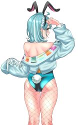 Rule 34 | 1girl, absurdres, ahoge, akkgsyk, animal ears, arm up, ass, bare shoulders, blue hair, blue jacket, blue leotard, blush, braid, commentary request, detached collar, ear piercing, earrings, fake animal ears, fake tail, fishnet pantyhose, fishnets, from behind, highleg, highleg leotard, highres, jacket, jewelry, leotard, looking at viewer, medium hair, multicolored hair, off shoulder, orange eyes, pantyhose, piercing, playboy bunny, rabbit ears, rabbit tail, shiny clothes, shiranami ramune, simple background, sleeves past fingers, sleeves past wrists, solo, strapless, strapless leotard, streaked hair, tail, thigh gap, thighs, virtual youtuber, vspo!, white background, white hair, wrist cuffs