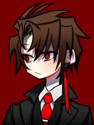 Rule 34 | 1boy, black jacket, black vest, brown hair, closed mouth, collared shirt, commentary request, earrings, employee (project moon), jacket, jewelry, korean commentary, lobotomy corporation, male focus, mixed-language commentary, necktie, no nose, open clothes, open jacket, portrait, project moon, red background, red eyes, red necktie, shirt, short hair, shot (urem), simple background, single earring, tassel, tassel earrings, vest, white shirt