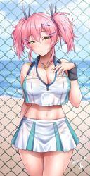 Rule 34 | 1girl, azur lane, bare shoulders, beach, blue sky, blush, breasts, bremerton (azur lane), bremerton (azur lane) (cosplay), bremerton (scorching-hot training) (azur lane), chain-link fence, cleavage, closed mouth, collarbone, cosplay, crop top, crop top overhang, day, eyelashes, fence, gloves, hair ornament, hairclip, hand on own chest, heart, heart necklace, highres, idolmaster, idolmaster cinderella girls, jewelry, jougasaki mika, large breasts, long hair, looking at viewer, midriff, necklace, ocean, pink hair, sidelocks, sky, solo, sportswear, sweat, tennis uniform, thighs, twintails, two-tone shirt, two-tone skirt, wristband, yellow eyes, yoohi