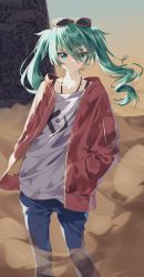 Rule 34 | 1girl, closed mouth, collarbone, commentary request, curly hair, day, dot mouth, earrings, eyewear on head, feet out of frame, green eyes, green hair, hair between eyes, hands in pockets, hatsune miku, highres, jacket, jewelry, long hair, looking at viewer, outdoors, pants, pentagon (railgun ky1206), red jacket, sand, shirt, solo, sunglasses, twintails, v-shaped eyebrows, vocaloid, white shirt