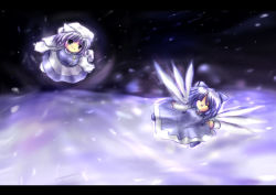 Rule 34 | 2girls, :d, ^ ^, blue hair, cirno, closed eyes, closed eyes, female focus, hat, kouba, letty whiterock, multiple girls, open mouth, perfect cherry blossom, purple hair, short hair, smile, snow, snowing, touhou, wings