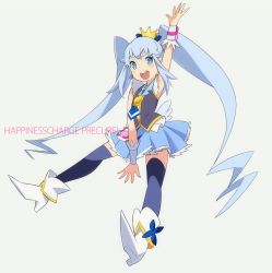 Rule 34 | 10s, 1girl, :d, arm up, bad id, bad pixiv id, blue eyes, blue hair, blue skirt, blue thighhighs, blush stickers, boots, brooch, copyright name, crown, cure princess, eyebrows, hajime (hajime-ill-1st), happinesscharge precure!, heart, heart brooch, long hair, magical girl, matching hair/eyes, open mouth, precure, shirayuki hime, skirt, smile, solo, thighhighs, twintails