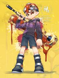 Rule 34 | 1boy, bike shorts, black footwear, commentary, english text, frown, highres, holding, holding weapon, hood, hoodie, inkling player character, jinkoika, looking at viewer, male focus, mohawk, nintendo, octoling, octoling boy, octoling player character, pointy ears, sample watermark, solo, splatoon (series), symbol-only commentary, tentacle hair, watermark, weapon, yellow background